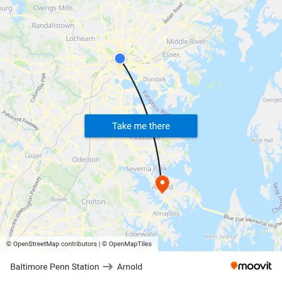 Baltimore Penn Station to Arnold map