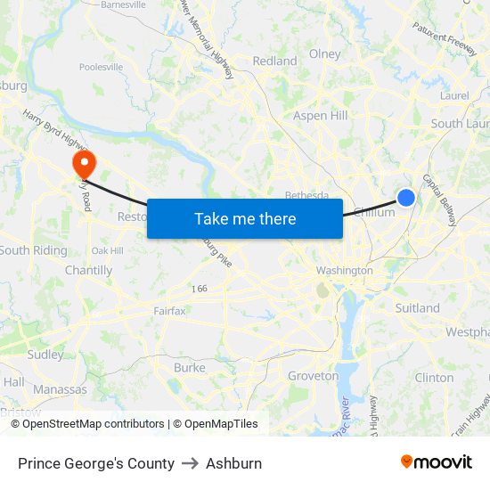 Prince George's County to Ashburn map