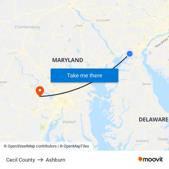 Cecil County to Ashburn map