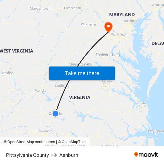 Pittsylvania County to Ashburn map