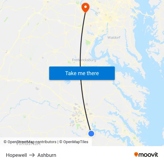 Hopewell to Ashburn map