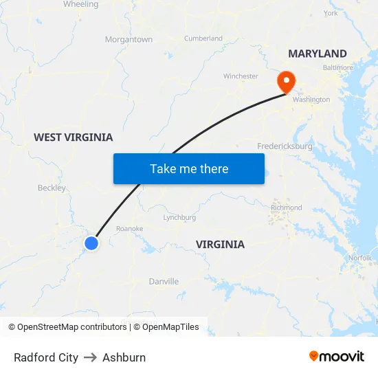 Radford City to Ashburn map