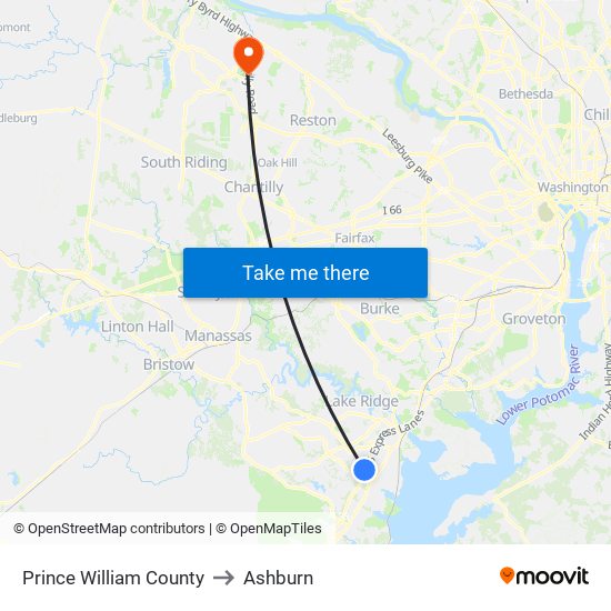 Prince William County to Ashburn map