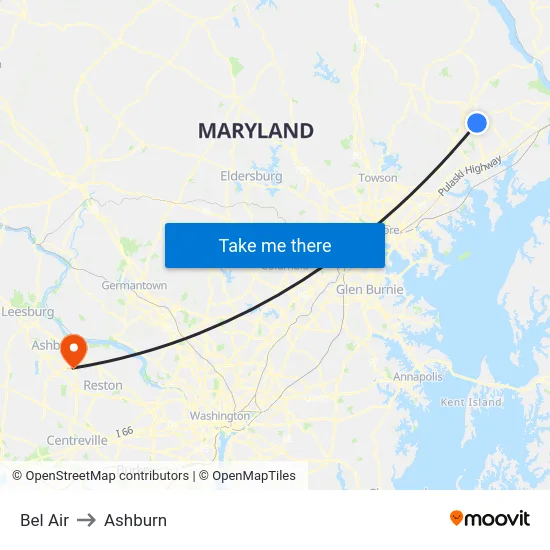Bel Air to Ashburn map