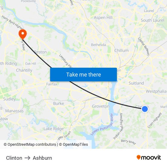 Clinton to Ashburn map