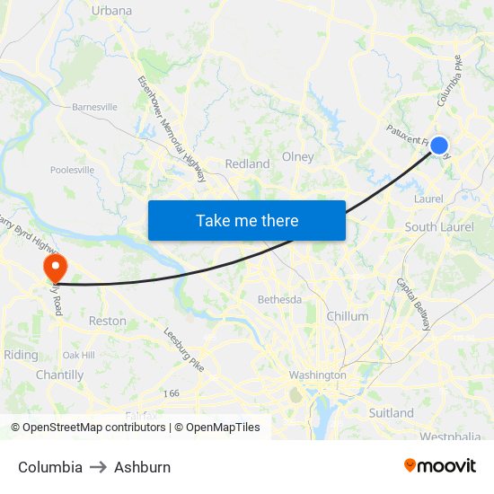 Columbia to Ashburn map