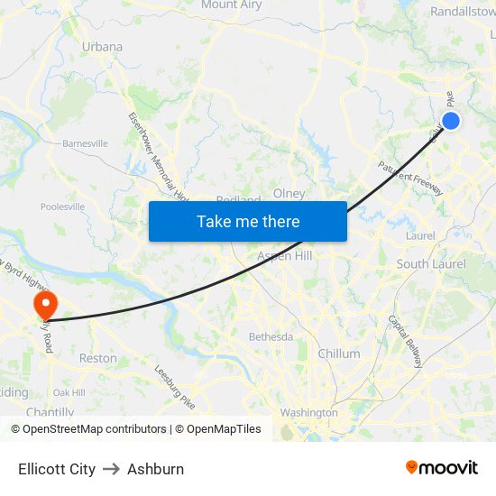 Ellicott City to Ashburn map