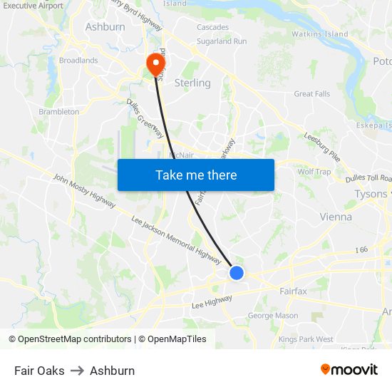 Fair Oaks to Ashburn map