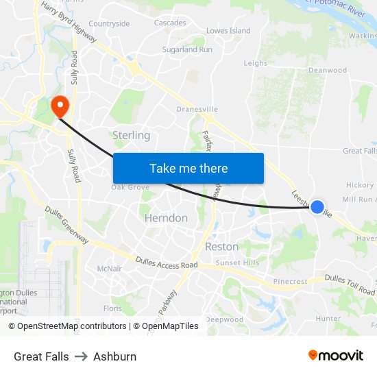Great Falls to Ashburn map