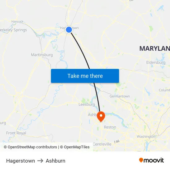Hagerstown to Ashburn map