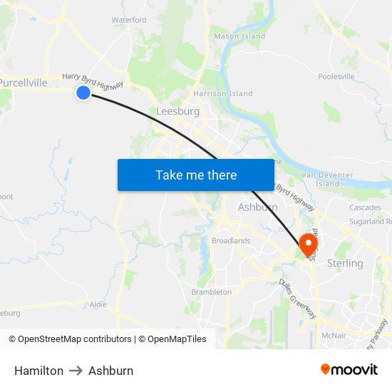 Hamilton to Ashburn map