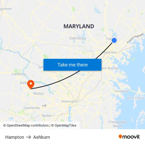 Hampton to Ashburn map