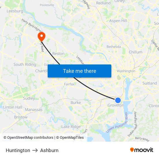 Huntington to Ashburn map