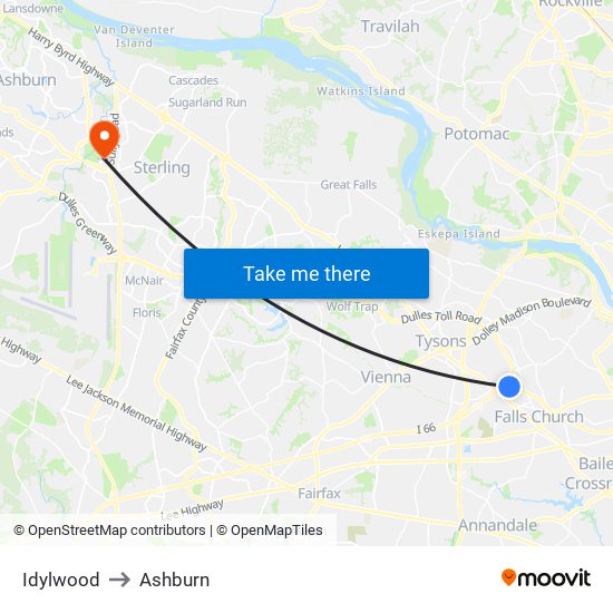 Idylwood to Ashburn map