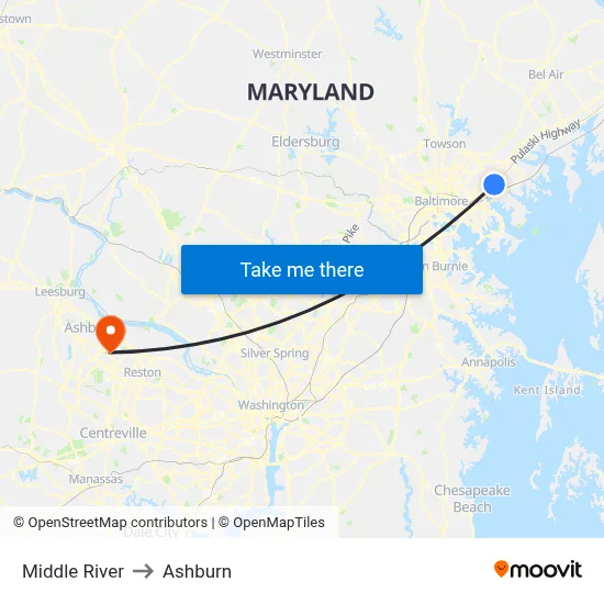 Middle River to Ashburn map