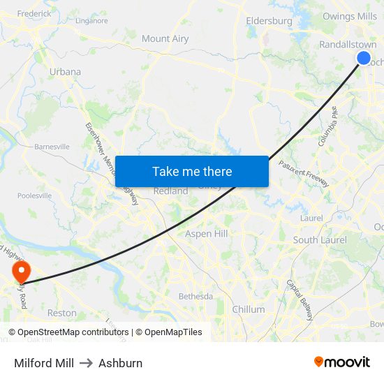 Milford Mill to Ashburn map