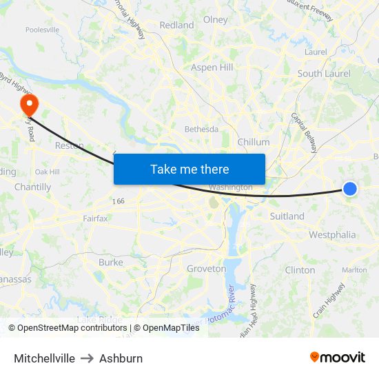 Mitchellville to Ashburn map