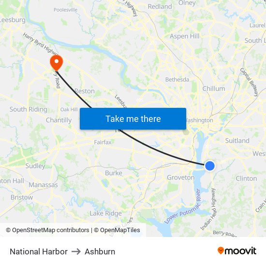 National Harbor to Ashburn map