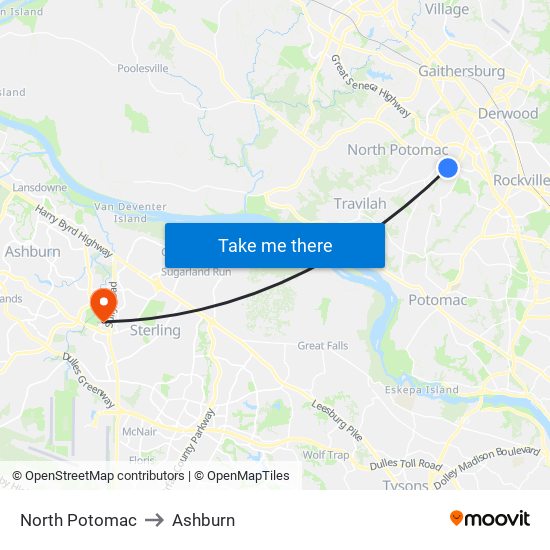 North Potomac to Ashburn map