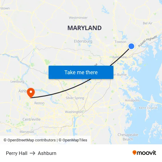 Perry Hall to Ashburn map