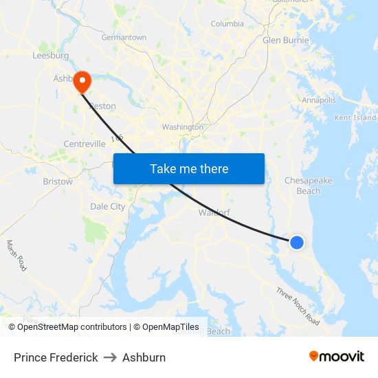 Prince Frederick to Ashburn map