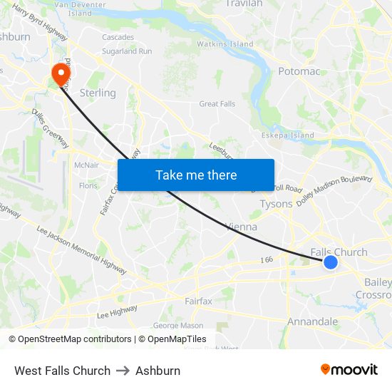 West Falls Church to Ashburn map