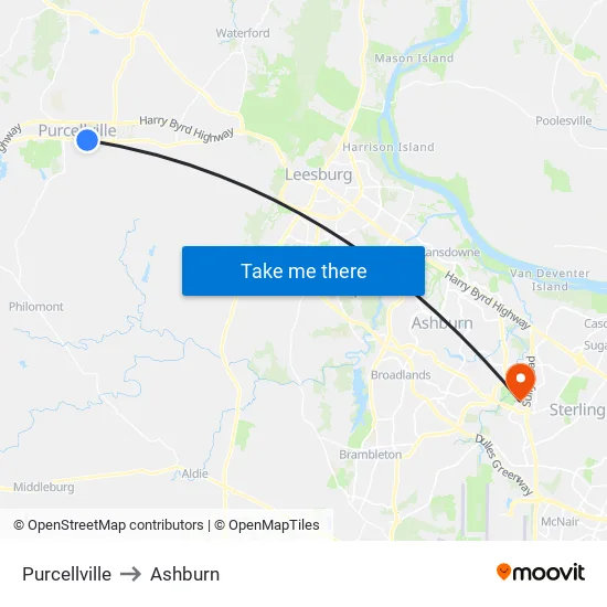 Purcellville to Ashburn map