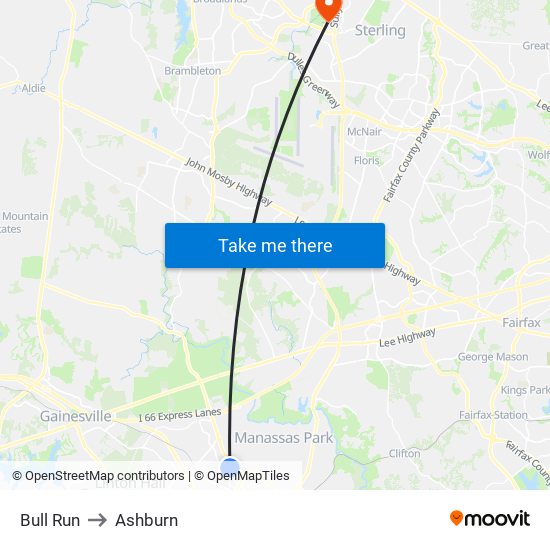 Bull Run to Ashburn map