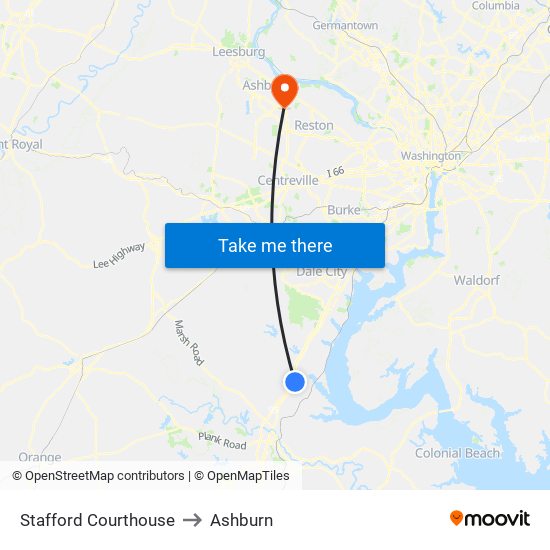 Stafford Courthouse to Ashburn map