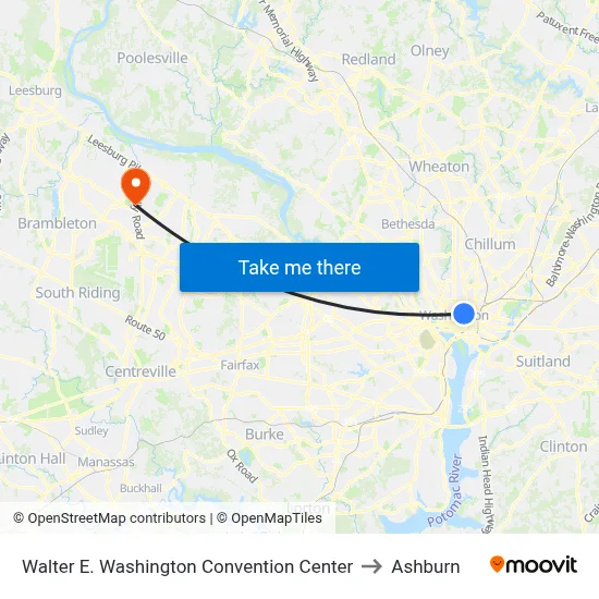Walter E. Washington Convention Center to Ashburn map