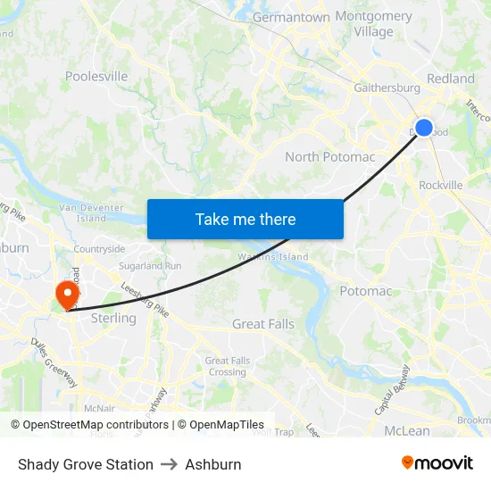 Shady Grove Station to Ashburn map