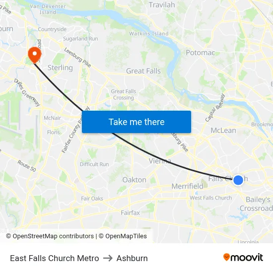 East Falls Church Metro to Ashburn map