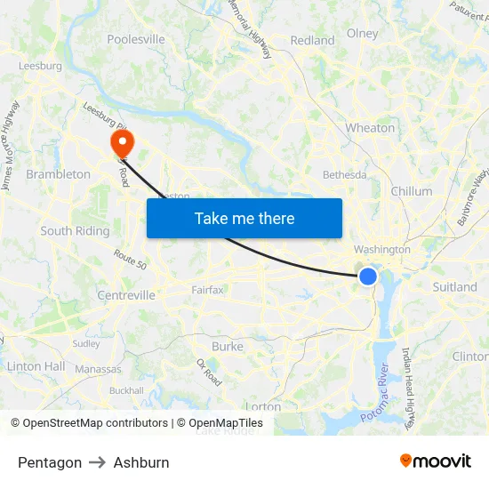 Pentagon to Ashburn map
