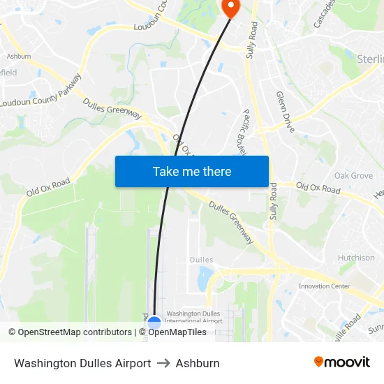Washington Dulles Airport to Ashburn map