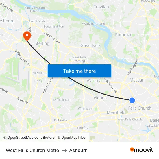 West Falls Church Metro to Ashburn map