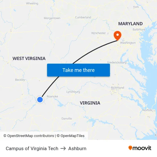 Campus of Virginia Tech to Ashburn map