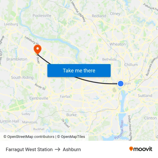 Farragut West Station to Ashburn map