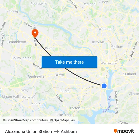 Alexandria Union Station to Ashburn map