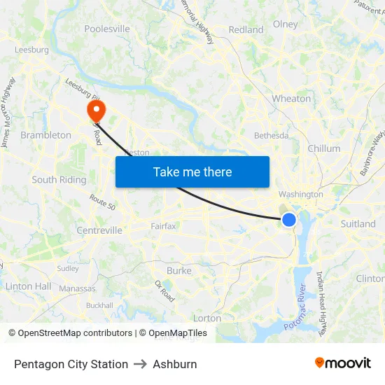 Pentagon City Station to Ashburn map