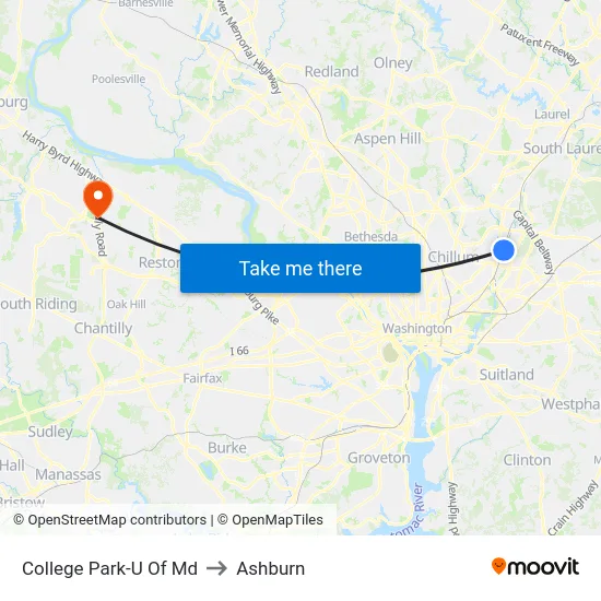 College Park-U Of Md to Ashburn map