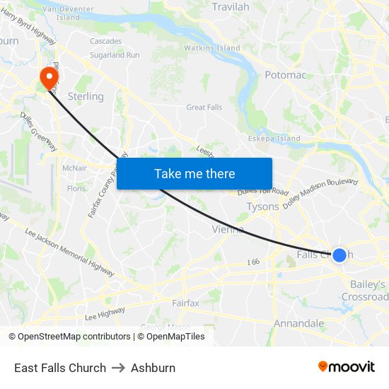 East Falls Church to Ashburn map