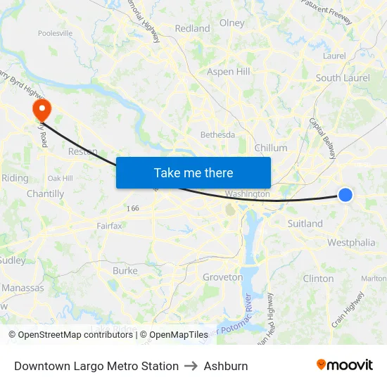 Downtown Largo Metro Station to Ashburn map