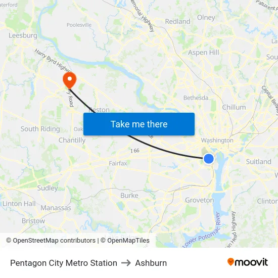 Pentagon City Metro Station to Ashburn map