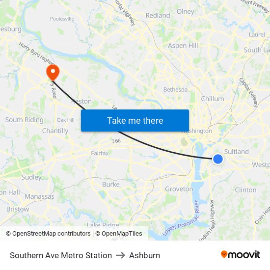 Southern Ave Metro Station to Ashburn map