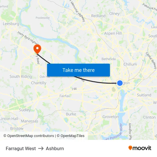 Farragut West to Ashburn map