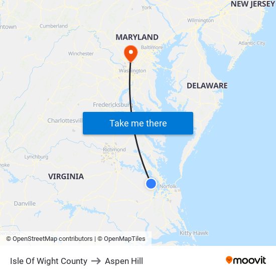 Isle Of Wight County to Aspen Hill map