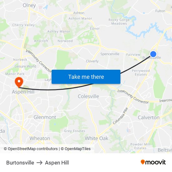 Burtonsville to Aspen Hill map