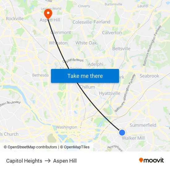 Capitol Heights to Aspen Hill map