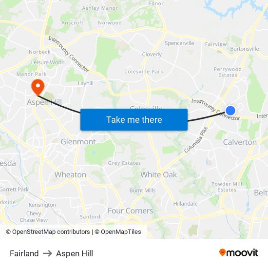 Fairland to Aspen Hill map