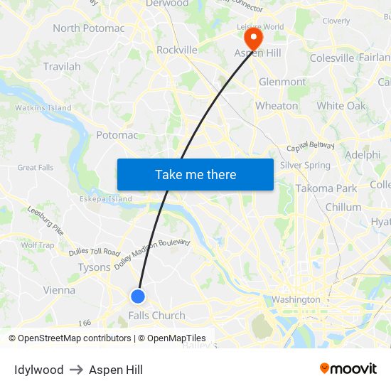 Idylwood to Aspen Hill map